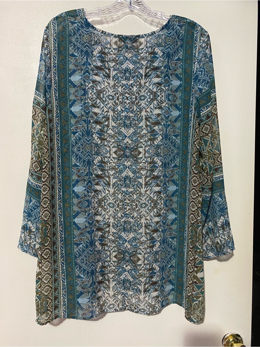 ONE WORLD Boho Teal and Brown Geometric-Print Long Sleeve Tunic